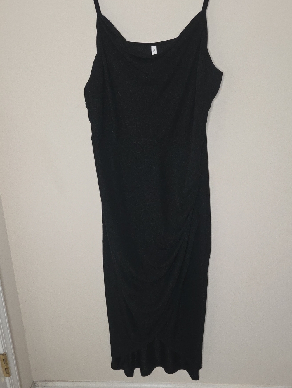 Sleek Black Midi Slip Dress with Draped Hem